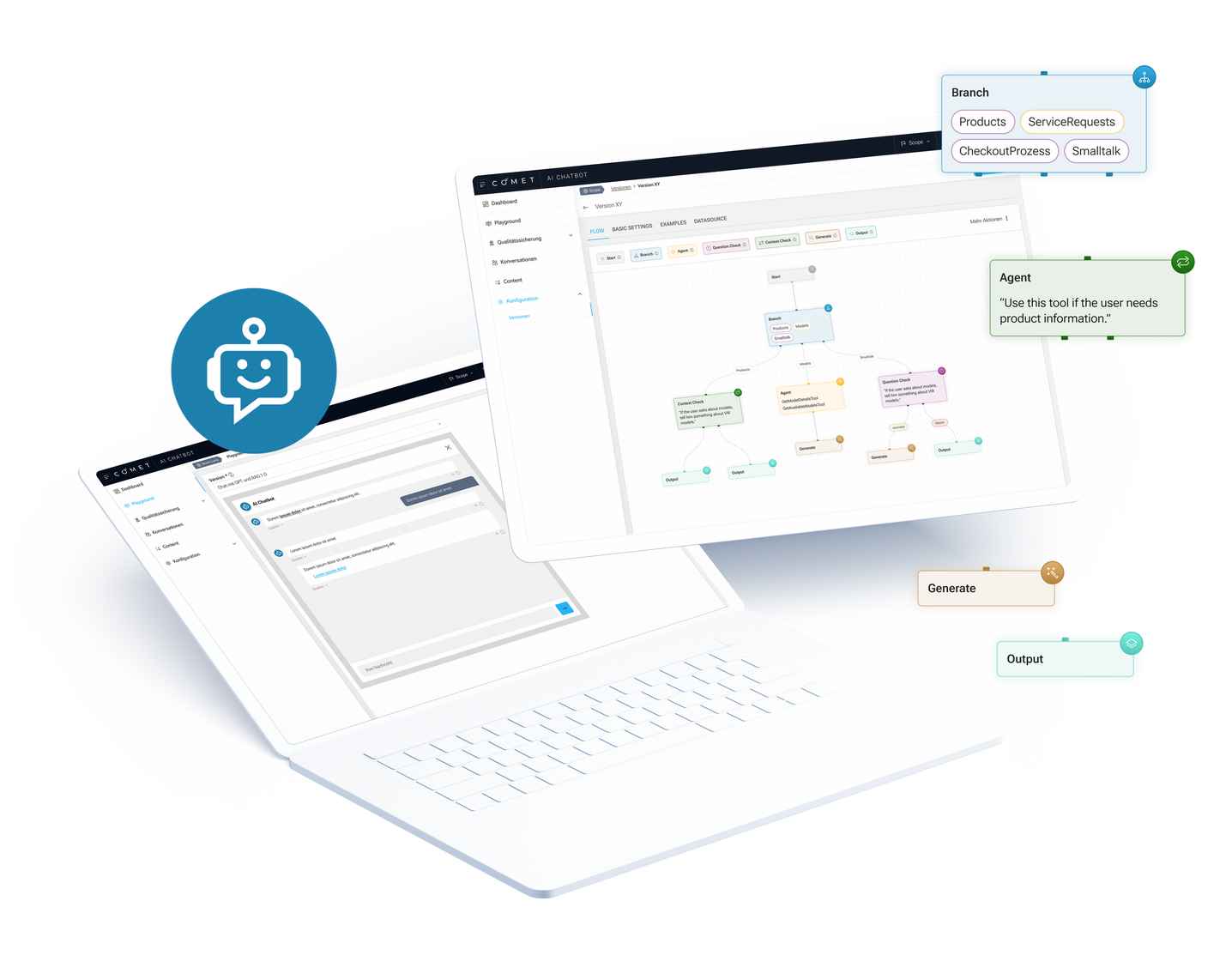 Laptop mit Test Chatbot und Flow des COMET AI Chatbots