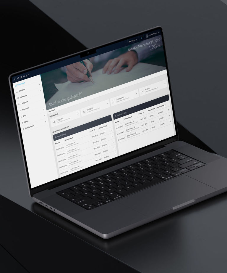 Das Dashboard einer CRM Software, umgesetzt mit COMET DXP, dargestellt auf einem MacBookPro in einer stylischen Umgebung