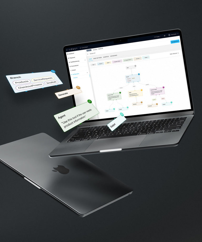 Ein Laptop der zeigt, wie die Flows des COMET AI Chatbots konfiguriert werden können